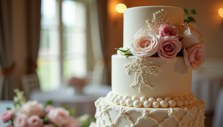 Close-up view of a beautifully decorated multi-tiered wedding cake with elegant floral designs