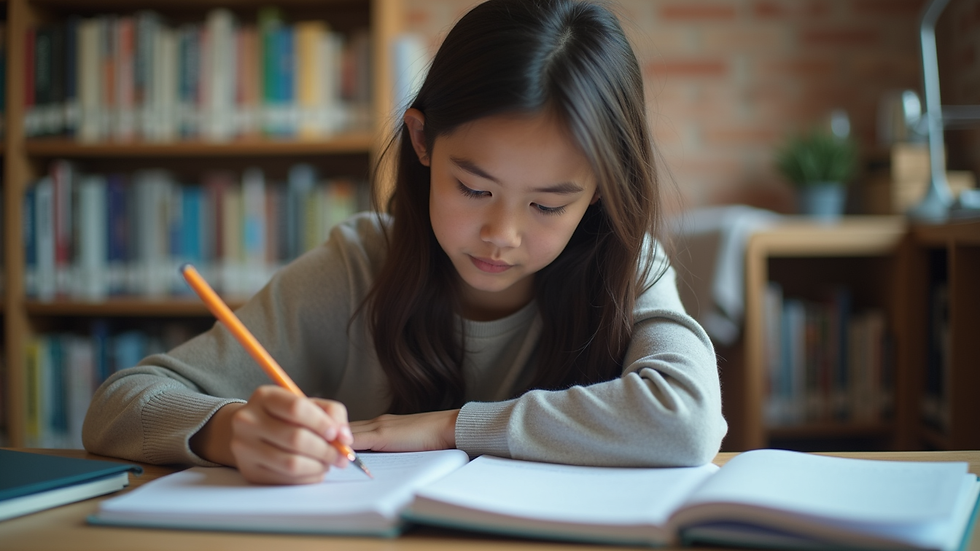Eye-level view of a student studying with books and notes