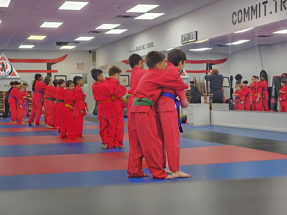 Close-up view of a karate practitioner executing a high kick in a training hall