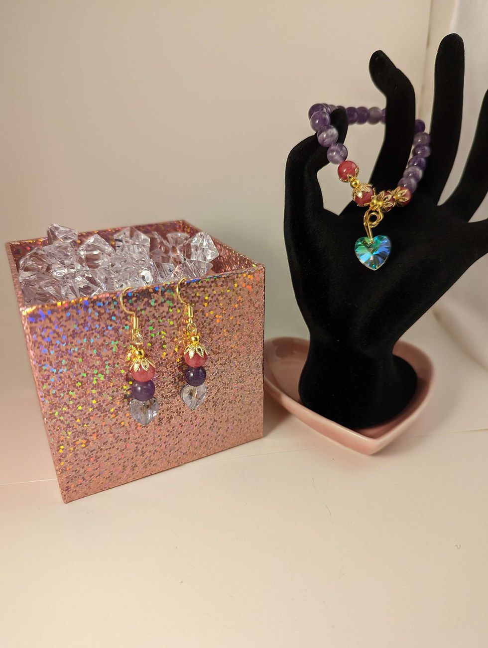 Thumbnail: Amethyst and strawberry quartz bracelet and earring set 