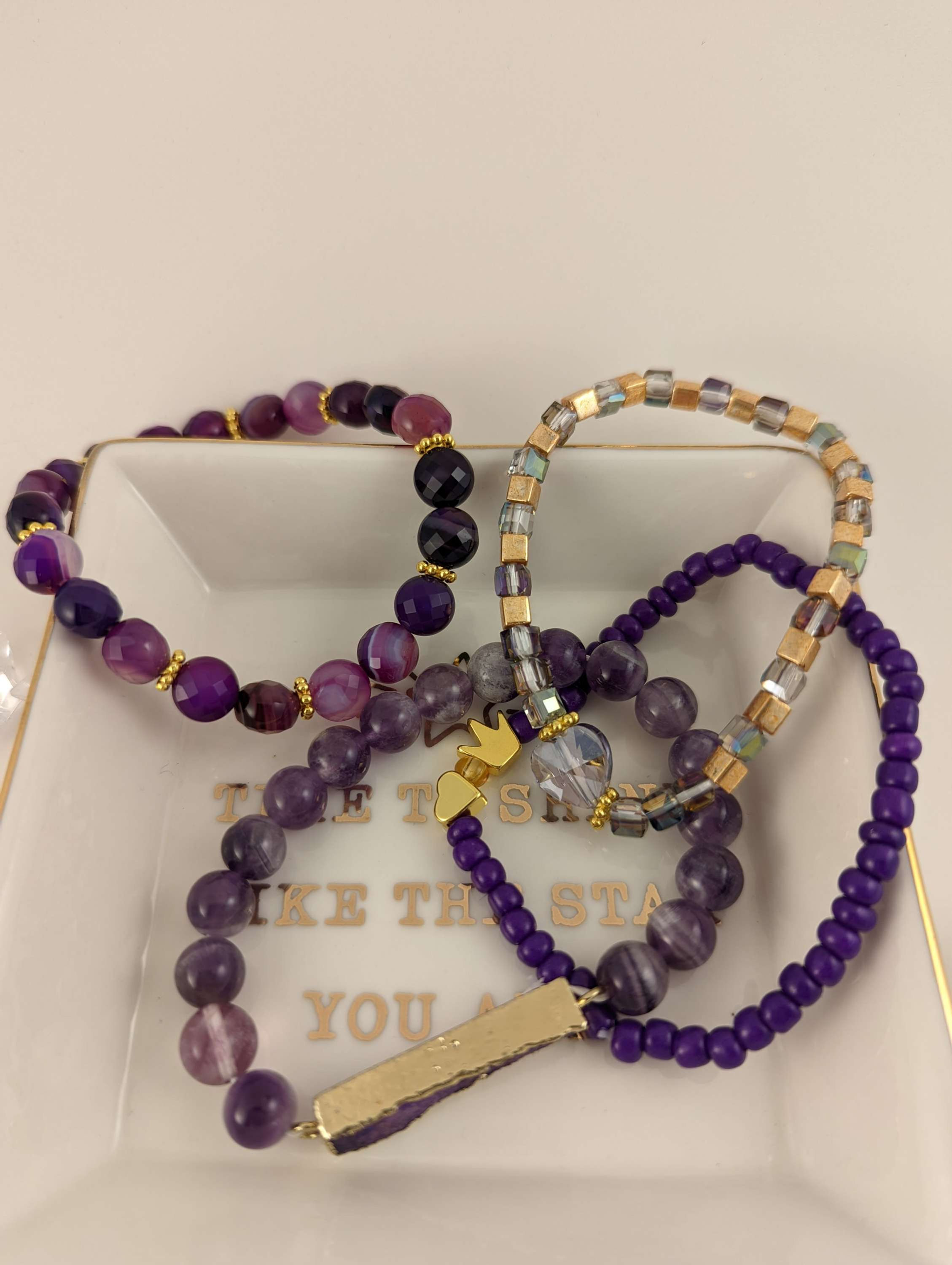 Assorted amethyst,  seed beads,  Austrian crystal and hematite bracelets 