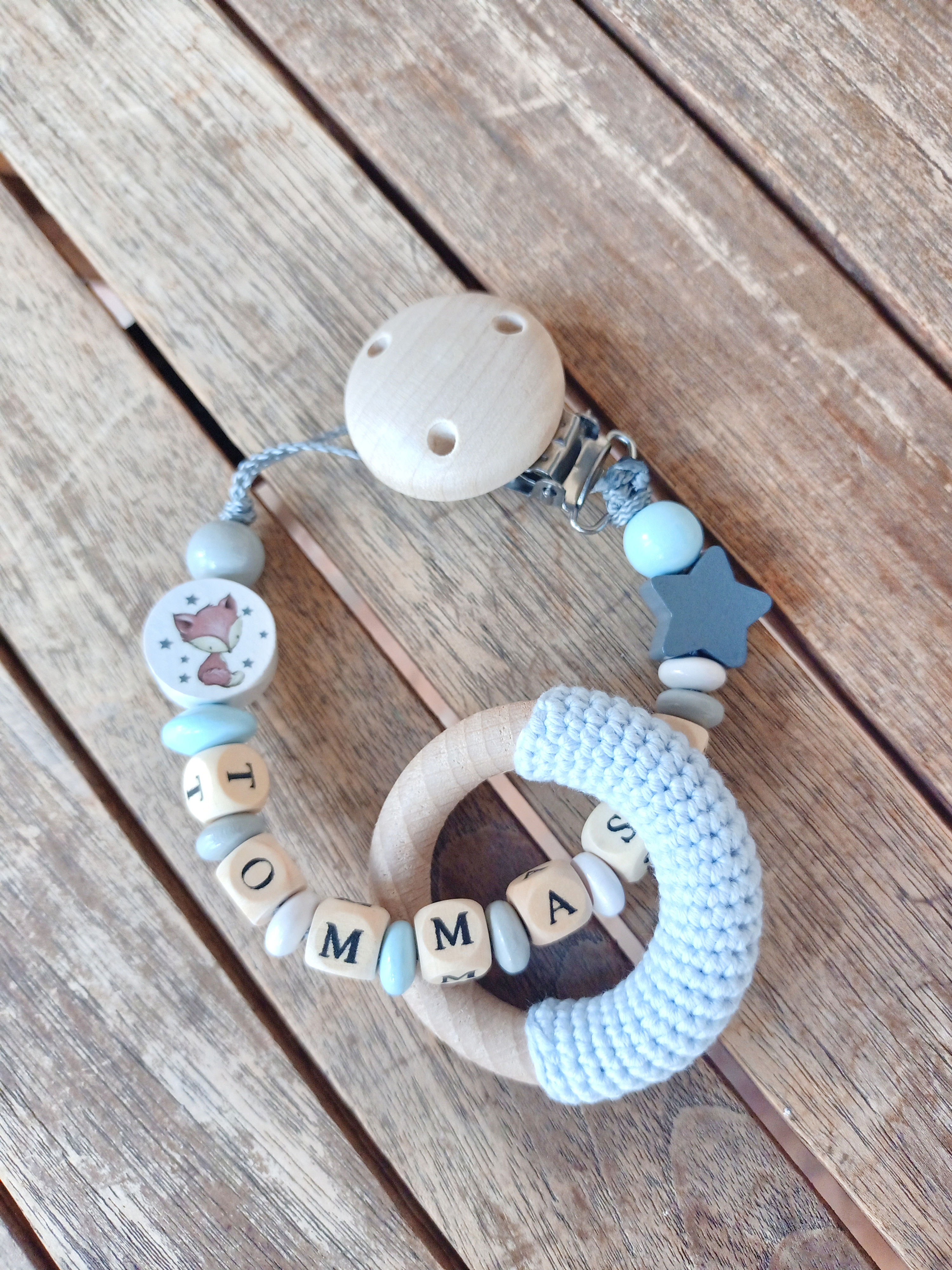 CATENELLA CIUCCIO PERSONALIZZATA LEGNO SILICONE MATERIALI CERTIFICATI TATTILE