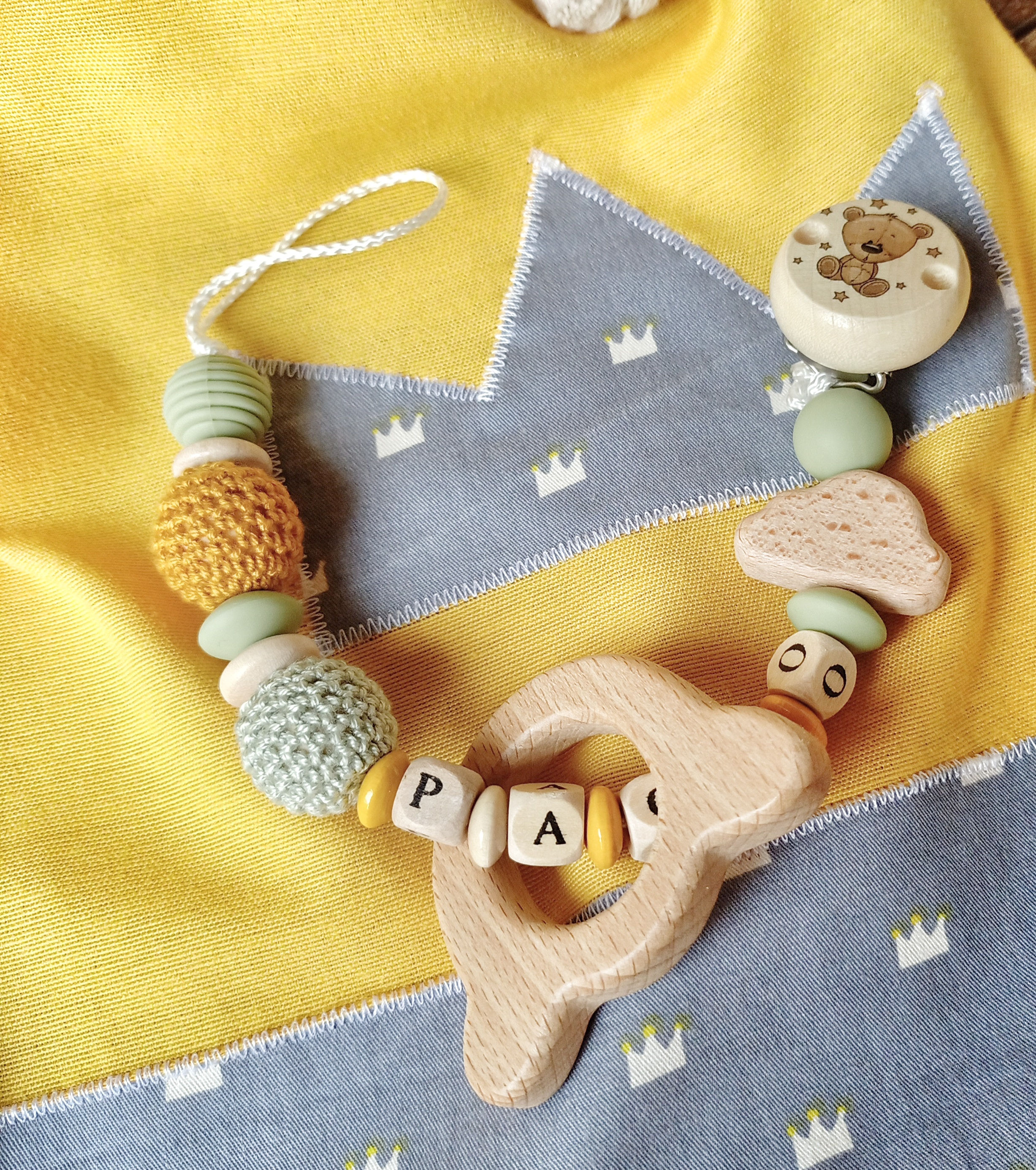 CATENELLA CIUCCIO PERSONALIZZATA LEGNO SILICONE MATERIALI CERTIFICATI TATTILE