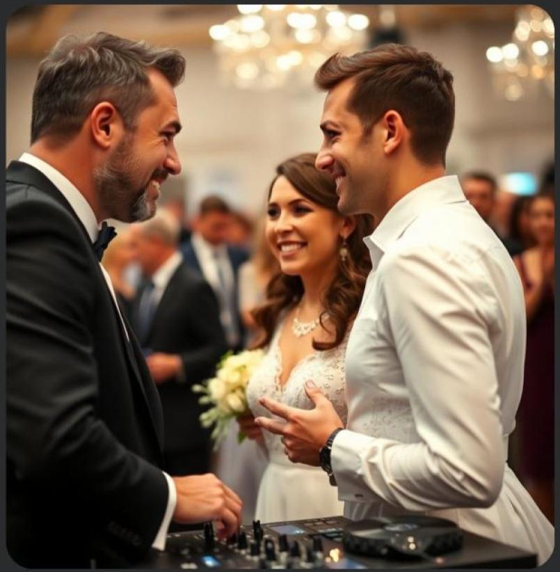 A bride and groom smile at a DJ in a festive venue. The groom gestures with excitement. Bright lights and guests are visible in the background. me psi phi entertainment hitman*ddub mobile dj cleveland ohio weddings school dances private events corporate parties
