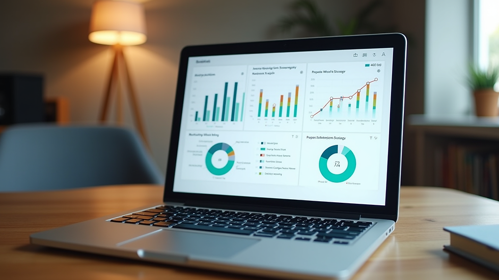 Eye-level view of a laptop screen showing a marketing strategy dashboard