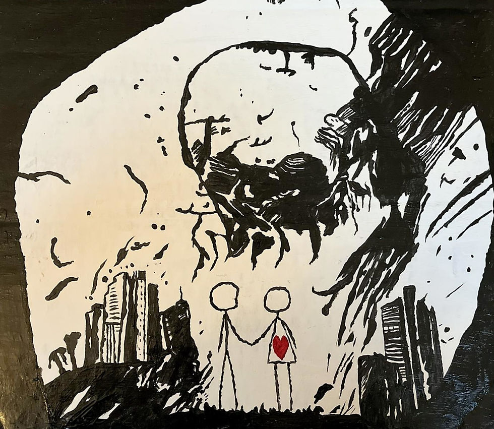 Two stick figures hold hands in front of a large-headed monster in a city.