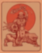 Surreal red-orange illustration of a grotesque humanoid riding a snarling beast, with a large circular sun-like backdrop.