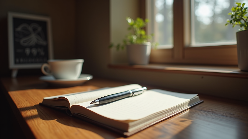 Eye-level view of a cozy writing nook with a notebook and pen