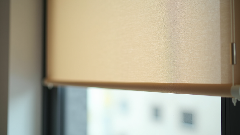 Close-up of a window with beige roller blinds partially rolled down