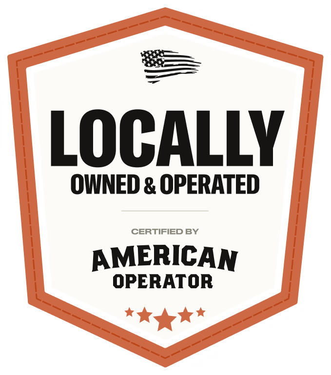 Portrait badge graphic reading 'Locally Owned & Operated - Certified by American Operator' with an orange border and small US flag at the top