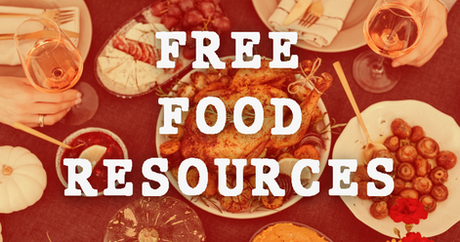 A table of abundant food, with the words "FREE FOOD RESOURCES"
