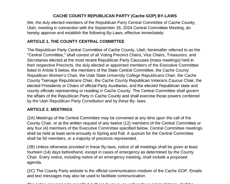 First page of the Cache County Republican Party bylaws, amended October 15, 2026
