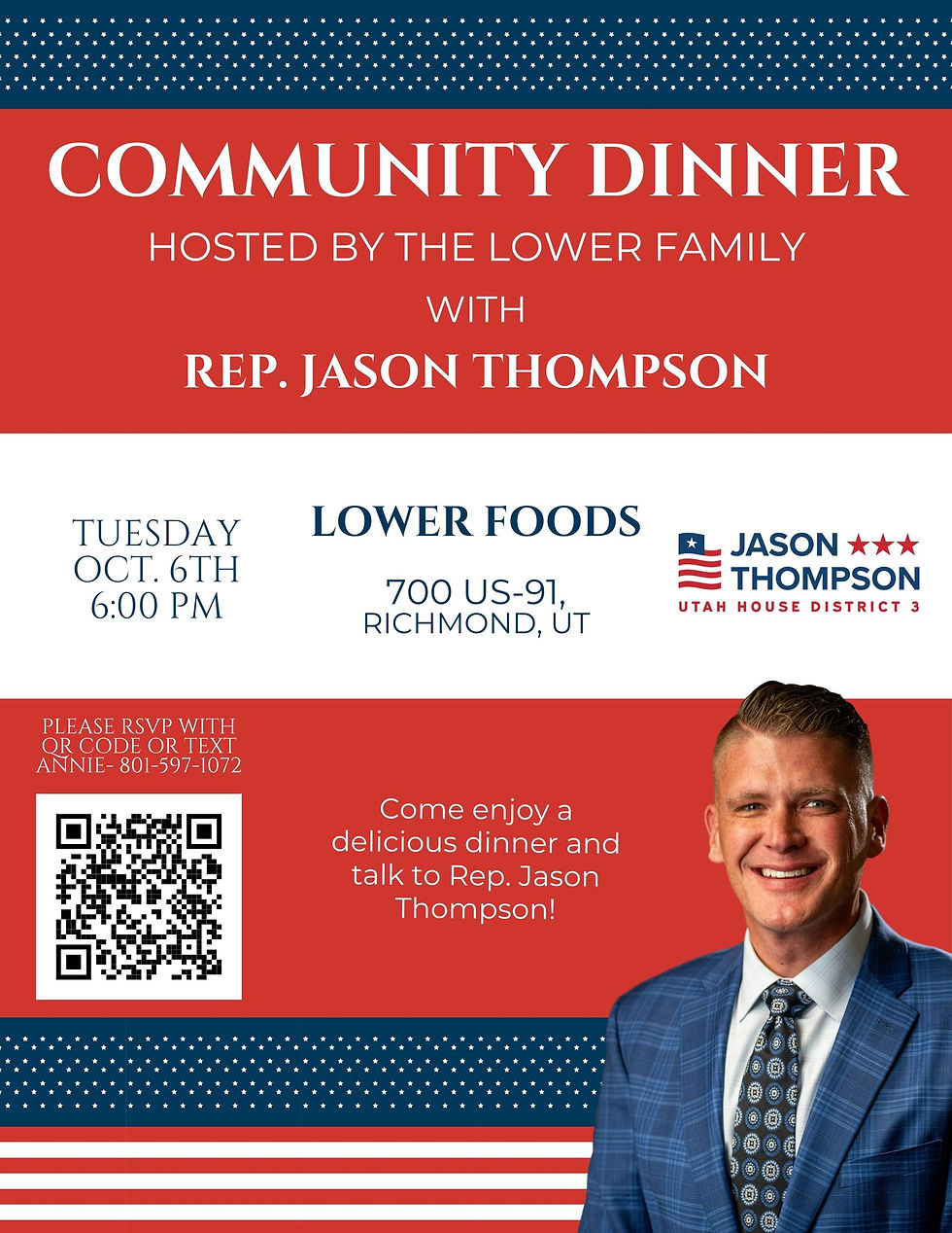 Flyer: Community Dinner hosted by the Lower Family with Rep. Jason Thompson, Tuesday Oct 6, 6:00 PM, Lower Foods, Richmond