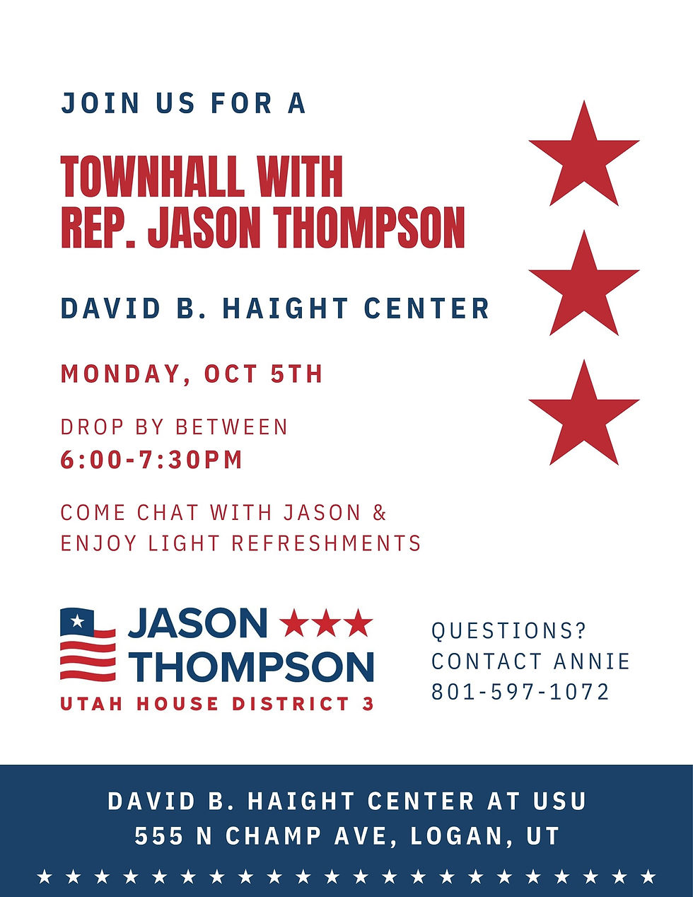 Flyer: Townhall with Rep. Jason Thompson, Monday Oct 5, 6:00 to 7:30 PM, David B. Haight Center at USU