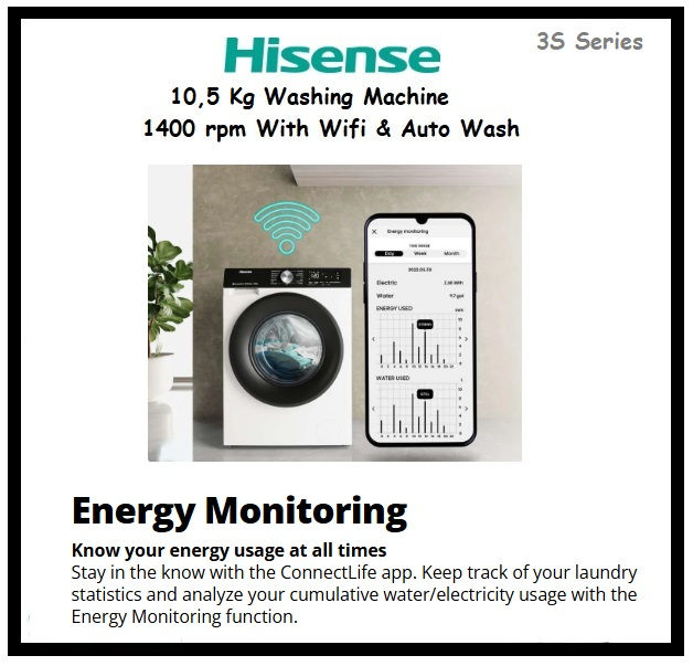 Thumbnail: HISENSE 10,5Kg Washing Machine WIFI AUTO Wash 3S Series 'WF3S1043BW3'