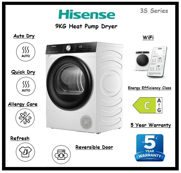 Thumbnail: HISENSE Heat Pump Dryer WiFi C Class/A+++ 9KG 'DH3S902BW3'
