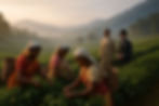 An early morning scene at an Assam tea plantation: local women hand-picking tea leaves in front of misty green hills, with two British planters observing in the background under soft sunrise light.