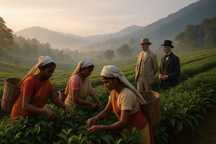 An early morning scene at an Assam tea plantation: local women hand-picking tea leaves in front of misty green hills, with two British planters observing in the background under soft sunrise light.