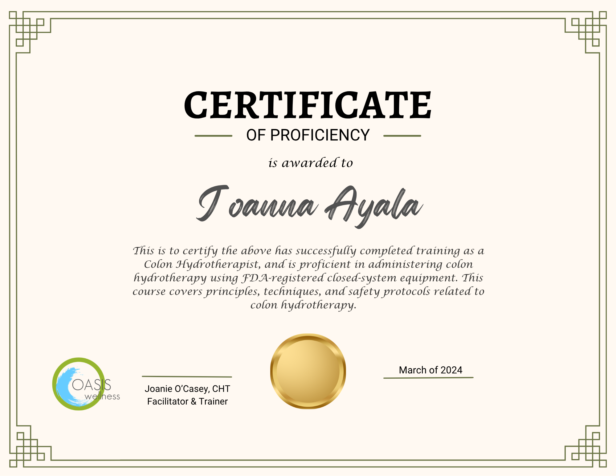 Joanna Ayala colon hydrotherapy certificate