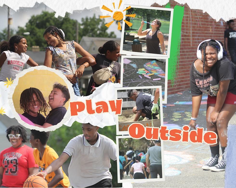 Scrapbook style collage of WAV Summer Camp Photos, featuring students playing outside