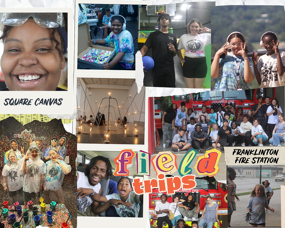 Scrapbook style collage of WAV Summer Camp photos, featuring field trips