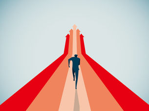 graphic of a man running along a path made of arrows