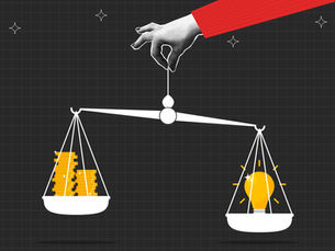 Illustration of some scales balancing between cash and ideas - a lightbulb