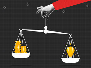 Illustration of some scales balancing between cash and ideas - a lightbulb