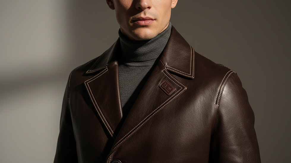 Close-up view of leather texture on a dark brown car coat