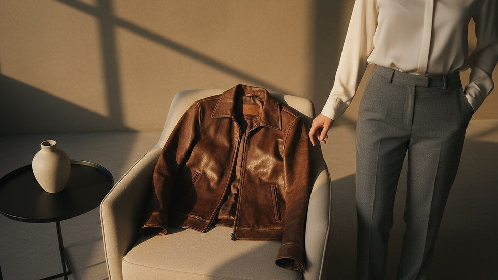 High angle view of a leather jacket draped over a chair in a minimalist room