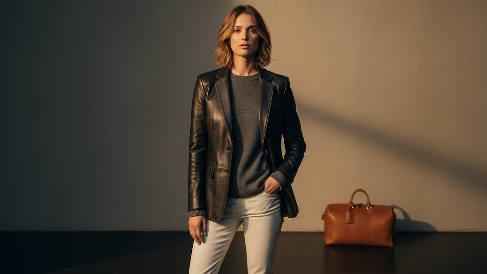 Eye-level view of a modern leather blazer styled with casual and formal elements