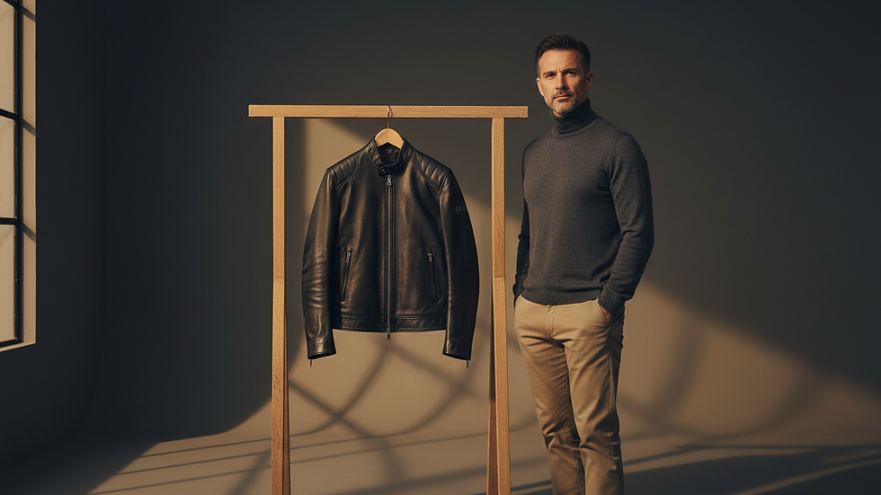 Eye-level view of a minimalist black leather racer jacket hanging on a wooden rack
