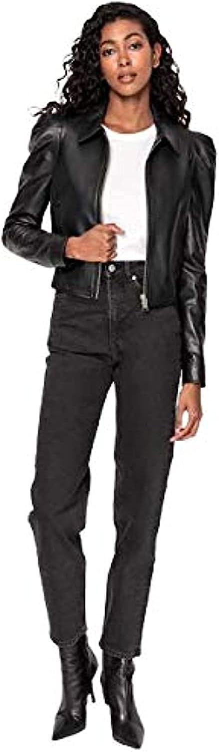 Thumbnail: Luis Leather Moto Leather Jacket for Women's with Puff Sleeves