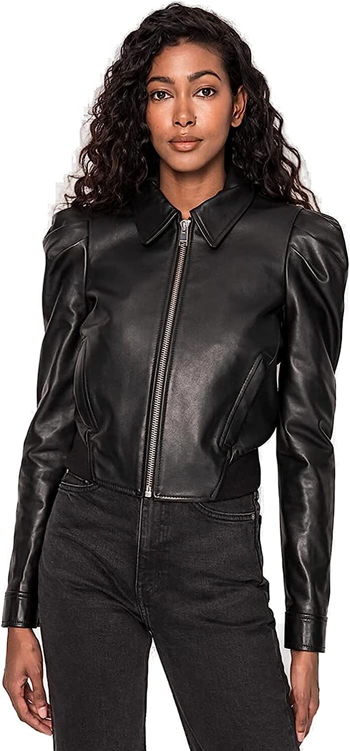 Thumbnail: Luis Leather Moto Leather Jacket for Women's with Puff Sleeves