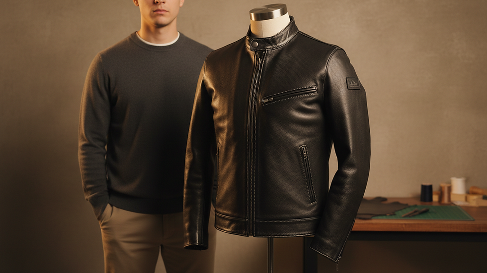 Close-up view of a black leather cafe racer jacket on a mannequin