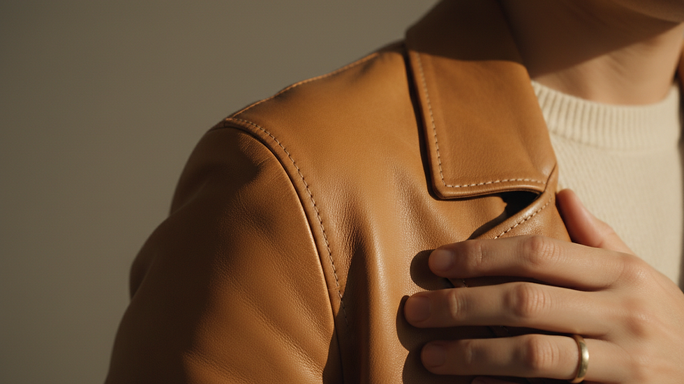 Close-up view of hand-stitched seam on soft lambskin leather jacket