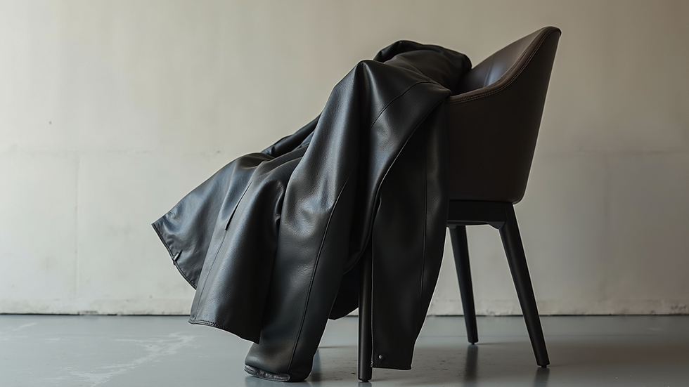Eye-level view of a sleek oversized leather jacket draped over a minimalist chair