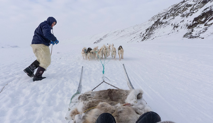 Kusken løber slæden i gang og springer på i fart.