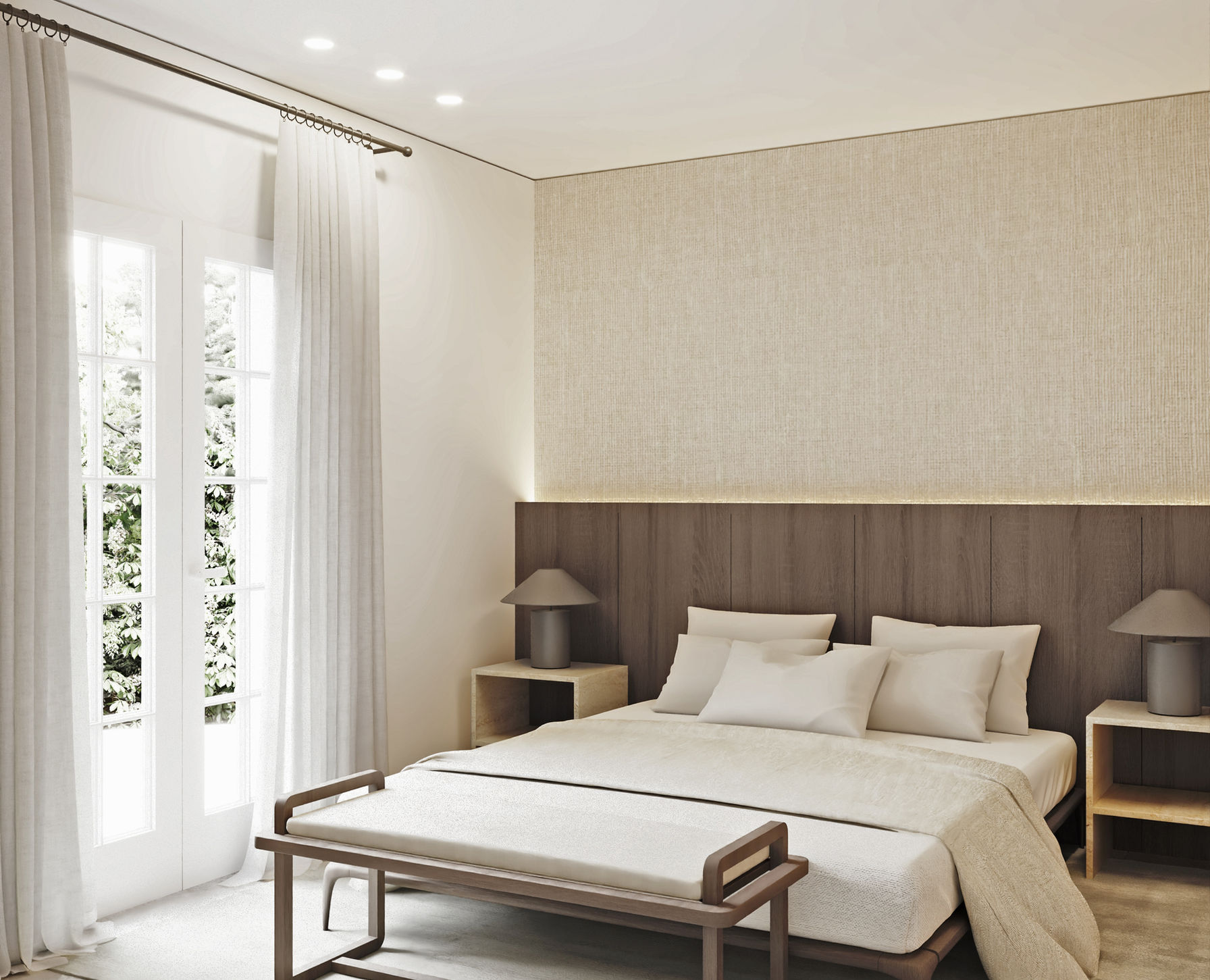 Décoration et architecture d'intérieur d'une chambre à coucher moderne dans une villa sur la Côte d'Azur.