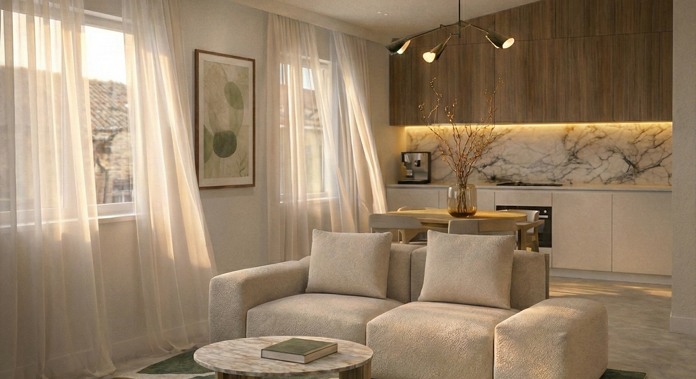 Rénovation complète d'un appartement à Nice par notre studio d'architecture d'intérieur : espace salon lumineux aux teintes d