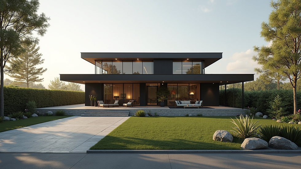 Eye-level view of a modern home with a unique flat roof design