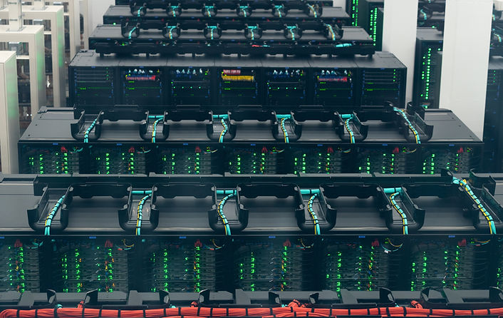 Supercomputer infrastructure inside modern data center with powerful server racks, cooling