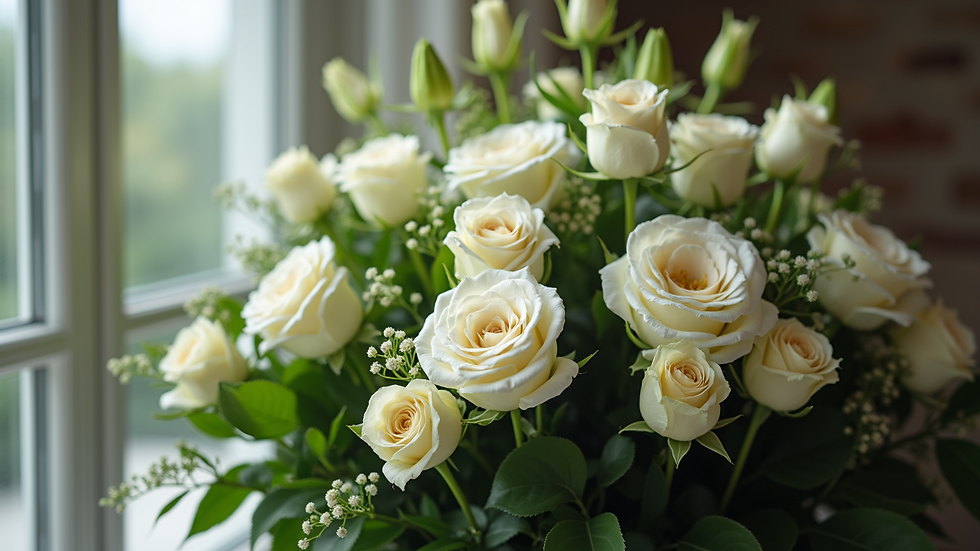 Eye-level view of a standing spray funeral flower arrangement with white roses and greenery