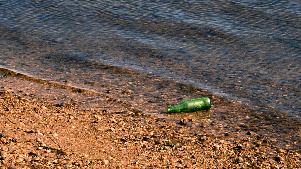 Bouteille de bière échouée sur le bord de mer