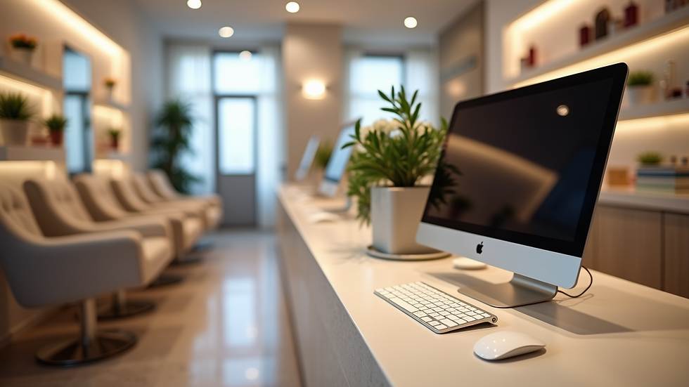 High angle view of a nail salon reception desk with a computer for booking