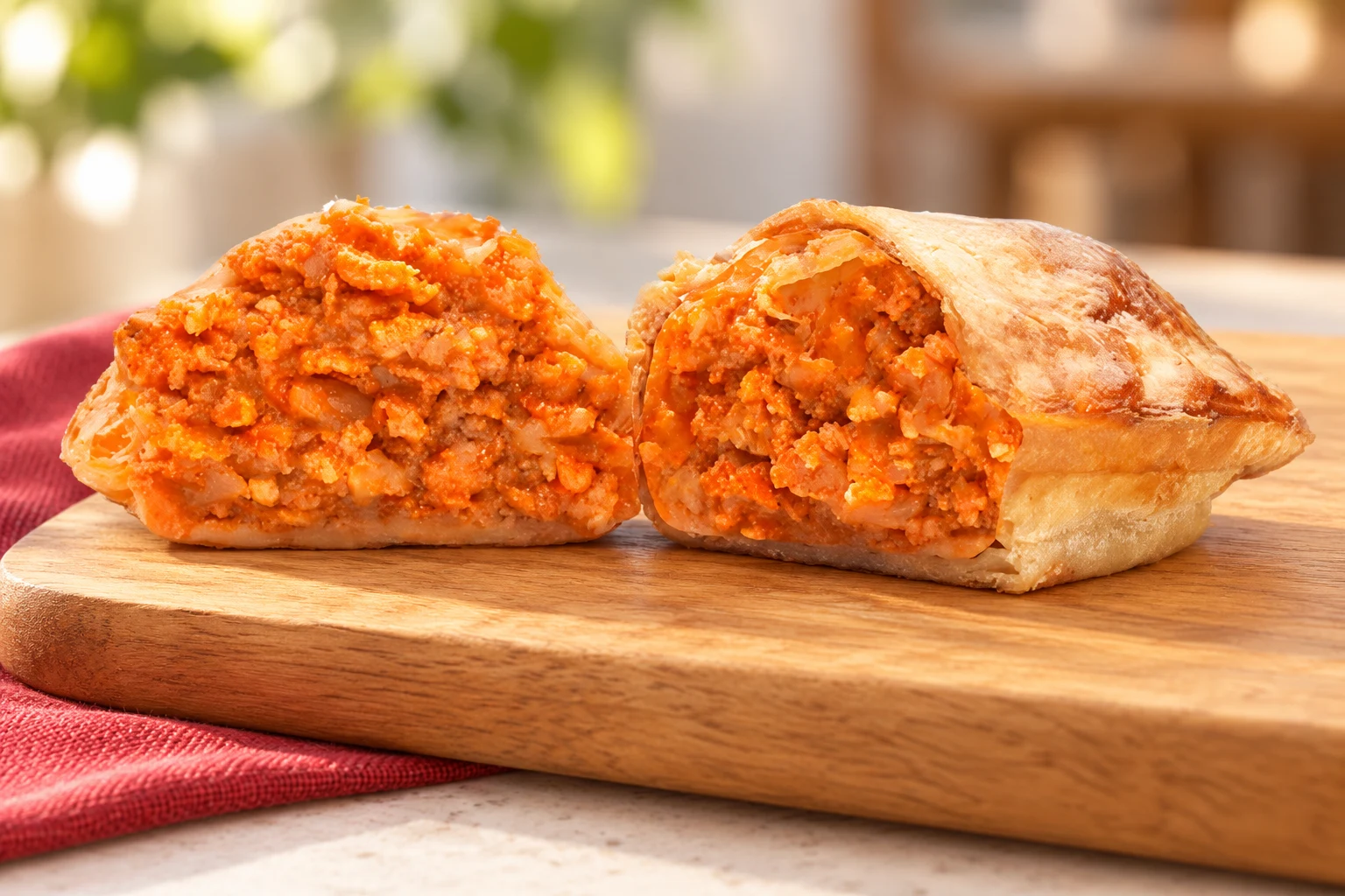 Empanada Chorizo y Quesos coupée pour montrer sa garniture