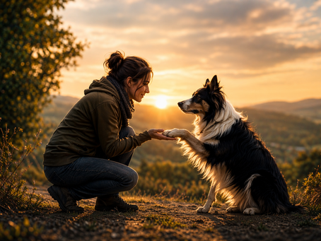 Hund sitzt aufmerksam vor Mensch im Training und schaut ihn fokussiert an