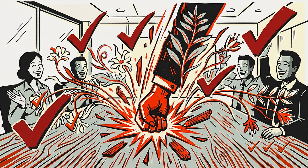 Illustration of a fist integrating sustainability in business, smashing through a boardroom table with red checkmarks to sprout plants and flowers.