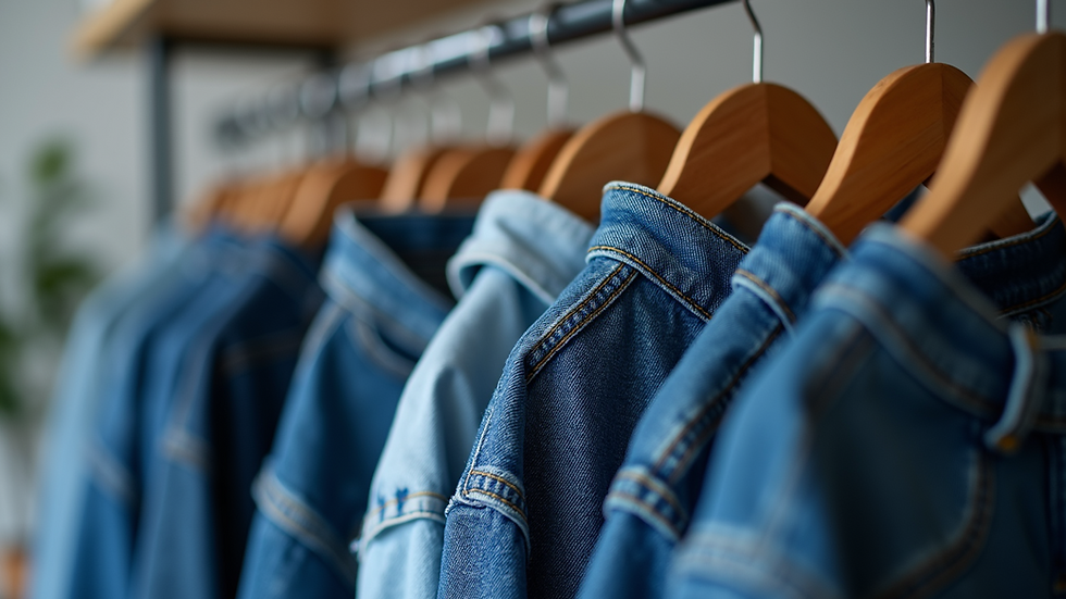 Close-up view of faded blue jeans hanging on a clothing rack