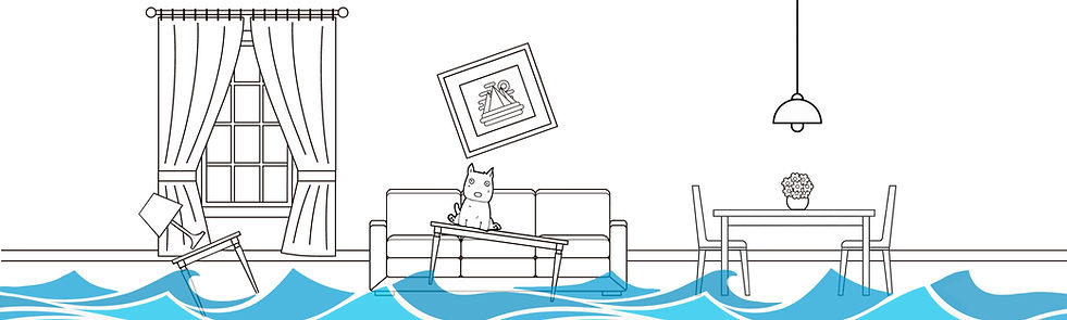 Cute dog sits on coffee table to stay dry as house floods. Get flood insurance to protect your home and belongings from water damage